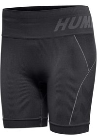 Svarta träningsshorts med ribbad textur, elastisk midja och kontrasterande grå logotyp. Har en slank, åtsittande design och ankel-lång längd.