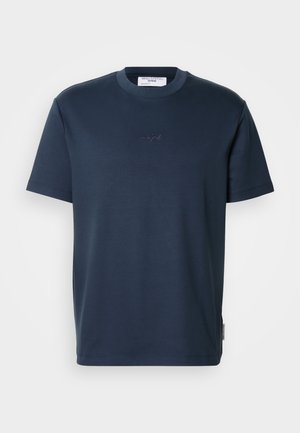 Dark navy blue cotton t-shirt with short sleeves, a crew neckline, and subtle embroidered logo on the front. Smooth texture, relaxed fit.