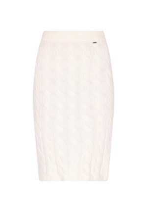 Jupe crayon en tricot écru, avec un motif en câble texturé et une taille côtelée. Pas de matériel ou d'accents visibles.