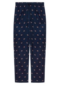 Pantalones de pijama azul marino con cinturilla elástica y cordón, con un estampado de pequeños perros impresos en marrón claro y blanco.