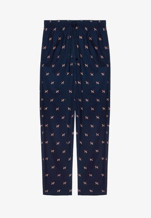 Pantalones de pijama azul marino con cinturilla elástica y cordón, con un estampado de pequeños perros impresos en marrón claro y blanco.