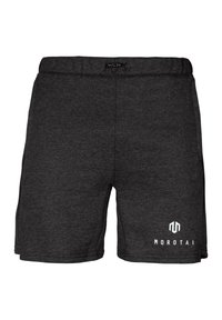 Gray shorts made of a textured fabric, featuring an elastic waistband, side pockets, and a white "MOROTAI" logo on the lower left.