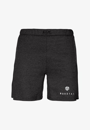 Shorts grii dintr-un material texturat, cu un talie elastică, buzunare pe lateral și un logo alb "MOROTAI" pe partea stângă jos.