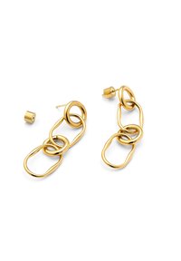 Aretes en tono dorado con enlaces circulares y ovalados entrelazados. Presentan un cierre de tipo post-back y una superficie lisa y brillante.