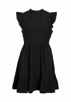 Fekete ujjatlan ruha fodros vállrésszel, húzott derékrésszel és bővülő fodros szegéllyel, magas nyakú gombos záródással.