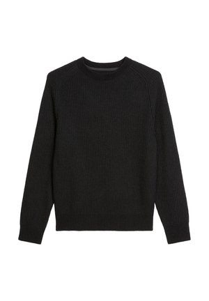 Schwarzer Strickpullover mit gerippter Textur, Rundhalsausschnitt und langen Ärmeln. Verfügt über einen taillierten Saum und Bündchen für eine strukturierte Form.