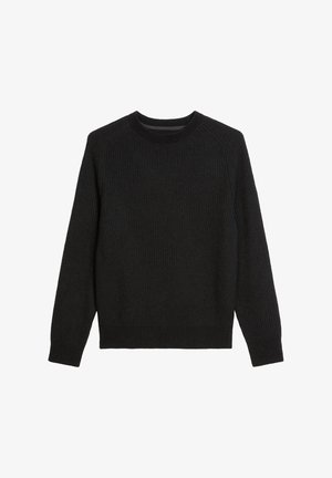 Schwarzer Strickpullover mit gerippter Textur, Rundhalsausschnitt und langen Ärmeln. Verfügt über einen taillierten Saum und Bündchen für eine strukturierte Form.
