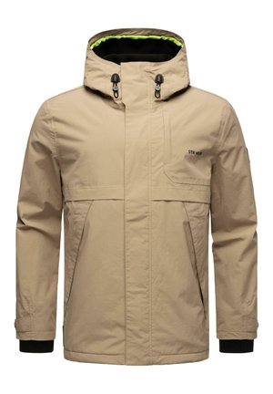Jachetă bej cu glugă, având accente negre, două buzunare frontale și o textură netedă. Interiorul are o căptușeală verde aprins.