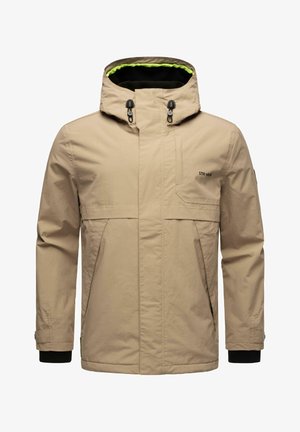 Beige Jacke mit Kapuze, ausgestattet mit schwarzen Akzenten, zwei vorderen Taschen und einer glatten Textur. Die Innenseite hat ein leuchtend grünes Futter.