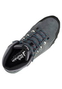 Grauer Jack Wolfskin Wanderstiefel mit blau akzentuierten Schnürsenkeln, gepolstertem Kragen und Gummikappe an der Spitze, von oben betrachtet.