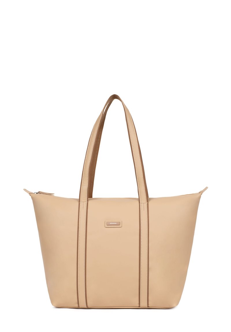 Borsa a tracolla in pelle beige con doppi manici superiori e chiusura con zip. Presenta cuciture verticali e una piccola piastrina con logo sul frontale.