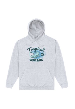 Lichtgrijze hoodie met een voorkangoeroezak, met een hamerhaai en de tekst "Tropical Waters" en "Island 1967" in blauw en teal.