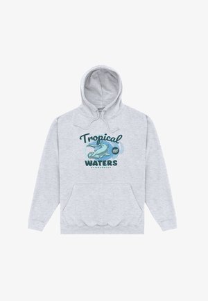 Lichtgrijze hoodie met een voorkangoeroezak, met een hamerhaai en de tekst "Tropical Waters" en "Island 1967" in blauw en teal.