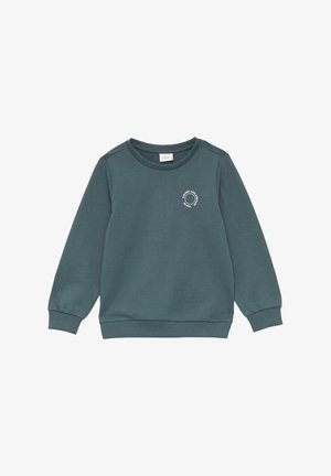 Zielona bluza z miękkiej bawełny. Posiada okrągły dekolt, długie rękawy oraz okrągły wzór graficzny na klatce piersiowej. Żebrowane mankiety i dół.