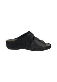 Black slide sandal with a smooth leather upper, open toe, and cut-out design. Features a cushioned footbed and a textured black sole.