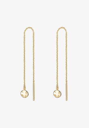 Zelta auskari ar garām, delikātām ķēdes saitēm un apaļiem un cilindriskiem akcentiem. Virsma ir gluda un spīdīga.