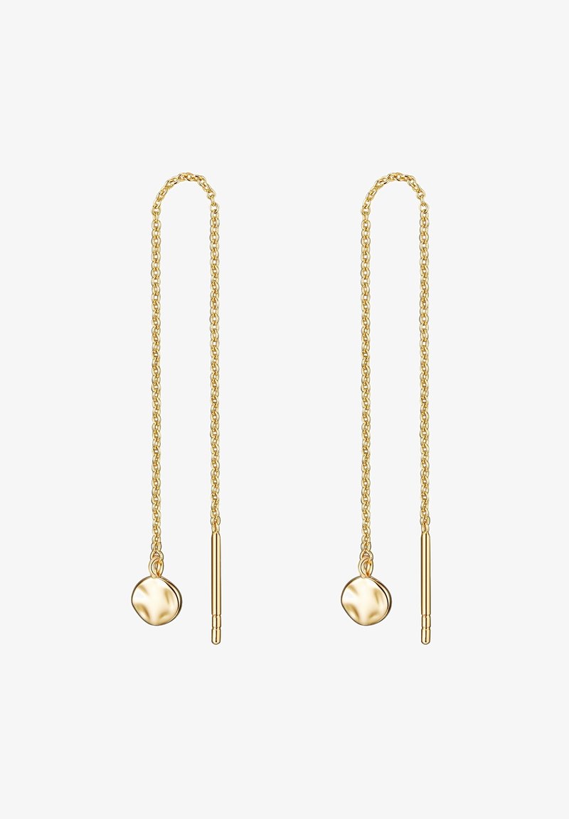 Orecchini d'oro con lunghe e delicate catene a maglie, arricchite da accenti rotondi e cilindrici. La superficie ha una texture liscia e lucida.