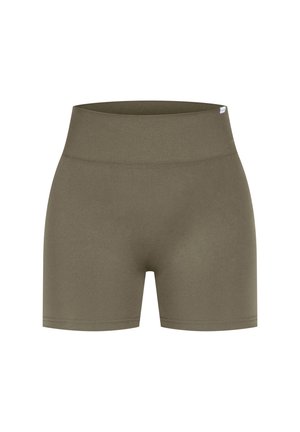 Olive green shorts with a ribbed waistband, made from a smooth, stretchy fabric. Features a high waist and a fitted silhouette.