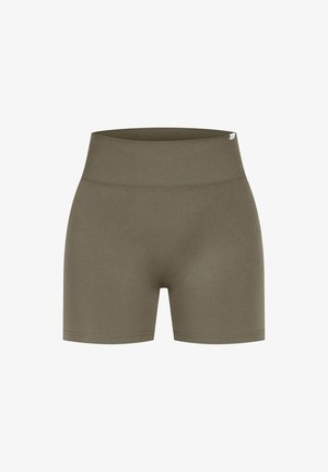 Olivgrüne Shorts mit geripptem Bund, aus einem glatten, dehnbaren Stoff gefertigt. Sie haben eine hohe Taille und eine figurbetonte Silhouette.