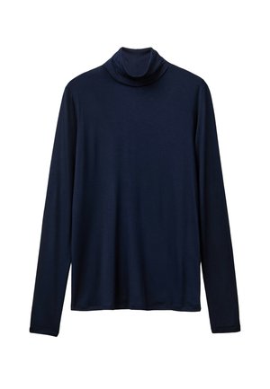 Marineblauwe turtleneck shirt met lange mouwen, zachte textuur, fitted ontwerp, met een hoge kraag en rechte snit aan de onderkant. Geen zichtbare patronen of accenten.