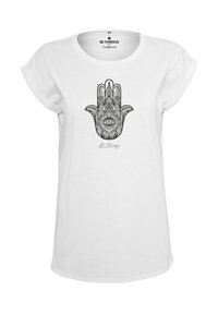 Weißes Baumwoll-T-Shirt mit einem schwarzen Grafikdesign eines Handmotivs mit filigranen Mustern und einem Auge in der Mitte, kurzen Ärmeln und einem runden Ausschnitt.