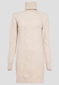 Beiges gestricktes Kleid mit hohem Rollkragen, strukturiertem Zopfmuster, langen Ärmeln und gerippten Bündchen und Saum.