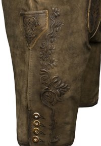 Bruine leren shorts zijn voorzien van ingewikkelde bloemborduursels langs de zijkant, een klein zakje en vier decoratieve knopen op de zoom.