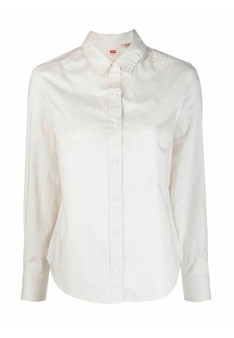 Camicia bianca a maniche lunghe in cotone liscio. Presenta un colletto classico e una chiusura frontale con bottoni, con un logo discreto sul petto.