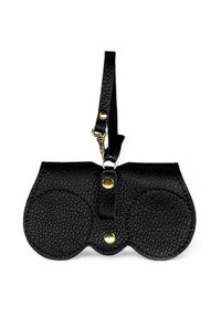 Pochette en cuir noir avec une finition texturée, dotée de deux compartiments ronds, d'un rabat supérieur et d'accents en métal doré.