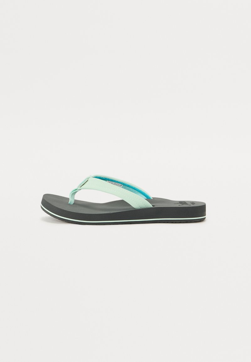 Black flip-flop sandal with a mint green strap, featuring a textured toe post and a cushioned sole with a contrasting light green trim.