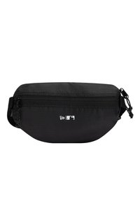 Black fabric fanny pack with a zippered compartment, featuring a textured surface and white logo accents from New Era and MLB.