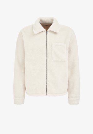 Weißer Fleece-Jacke mit Reißverschluss auf der Vorderseite, Kragen und einer Brusttasche. Verfügt über eine strukturierte Oberfläche und gerippte Bündchen.