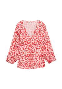 Blusa leggera a maniche lunghe con scollatura a V, realizzata in tessuto rosa e con un motivo di cuori rossi e rosa chiaro sparsi su tutta la superficie.