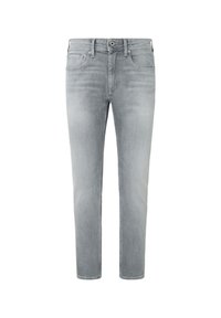 Vaqueros de denim gris claro con corte recto, cinco bolsillos, cierre de cremallera y una sutil textura desgastada. Diseño clásico para un uso versátil.