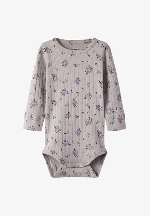 Light gray long-sleeve bodysuit with a ribbed texture, featuring a floral pattern in purple and pink hues, and snap closure at the bottom.