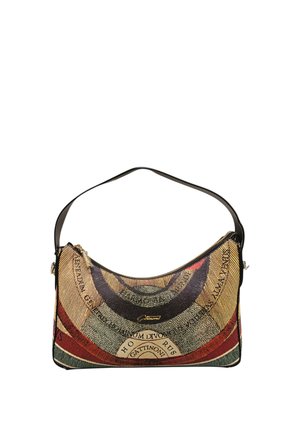 Borsa rettangolare in tessuto con tracolla corta nera, motivo astratto multicolore e dettaglio firma dorata sulla parte anteriore.