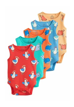 Viis varrukateta beebide bodysuiti punases, türkiissinis, oranžis, sinises ja beežis toonis, igaüks rõõmsate mereeluka piltidega nagu kajakad, vaalad ja krabid.