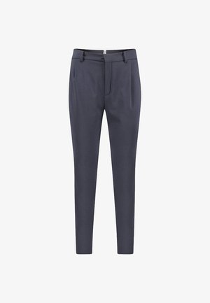 Ciemnoszare, dopasowane spodnie do garnituru z szlufkami na pasek, zamkiem błyskawicznym z przodu i zapinką oraz bocznymi kieszeniami.