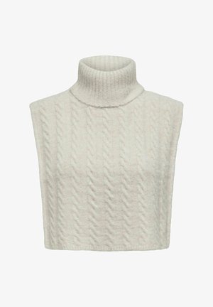 Pull sans manches à col roulé en tricot de couleur crème, avec un motif en torsades et un col côtelé.