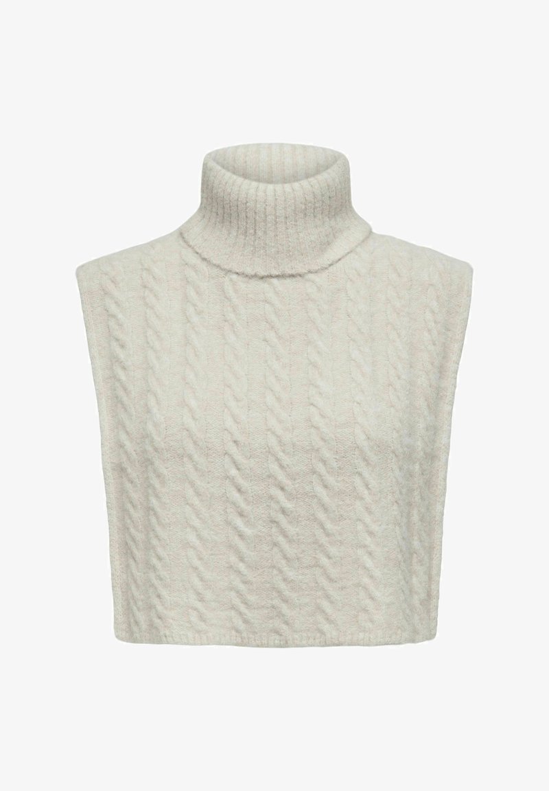 Pull sans manches à col roulé en tricot de couleur crème, avec un motif en torsades et un col côtelé.