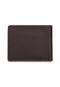 Bruine leren portemonnee, bi-fold ontwerp, gladde textuur, afgeronde hoeken, minimale stikseldetails, compacte vorm geschikt voor zakken.