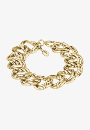 Guldtonet kædearmbånd med sammenlåsende led, glat tekstur og en karabinhage med et lille mærke.