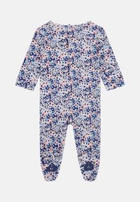 Body per neonato con motivo floreale nei toni del rosa pastello, blu e blu navy. Presenta maniche lunghe, chiusure a scatto sulla schiena e design con piedi.