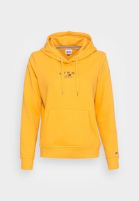Gelbfarbener Kapuzenpullover aus Baumwollmischung, mit einer vorderen Kängurutasche, Zugkordelkapuze und kleinem Logo auf der Brust.