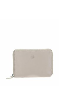 Portefeuille en cuir beige avec fermeture �éclair, présentant des détails de couture subtils et un logo embossé sur le devant. Texture lisse.