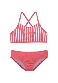 Korall rosa bikini-set med hvite vertikale striper. Toppen har kryssende stropper og et sentrert "Bench."-logo. Mykt, elastisk materiale.