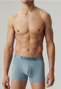 Męskie bokserki z bambusa w delikatnym jasnoniebieskim kolorze, z szerokim elastycznym pasem w kontrastującym ciemnoszarym kolorze z napisem "BAMBOO".