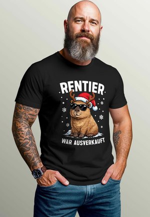 Black short-sleeve T-shirt featuring a cartoon reindeer wearing a Santa hat and sunglasses with "RENTIER WAR AUSVERKAUFT" text.