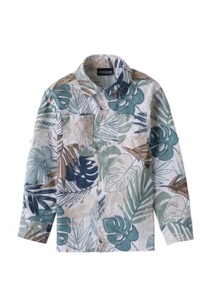 Camicia a maniche corte con bottoni, di base bianca, caratterizzata da grandi motivi di foglie tropicali in turchese, blu navy e beige. Due tasche sul petto.