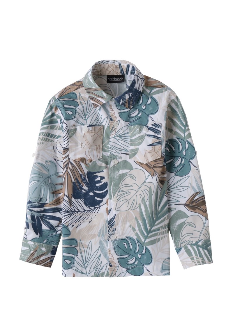 Camicia a maniche corte con bottoni, di base bianca, caratterizzata da grandi motivi di foglie tropicali in turchese, blu navy e beige. Due tasche sul petto.